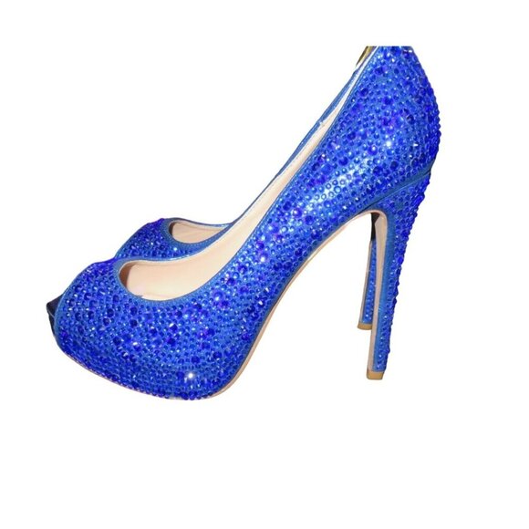Lauren Lorraine Cobalt Blue Rhinestone Embellished Leather Stilettos Pumps sz 9 - Picture 1 of 13